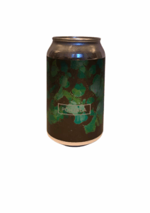 A 330ml can of beer, the design is a black label with abstract green shapes floating around the label.