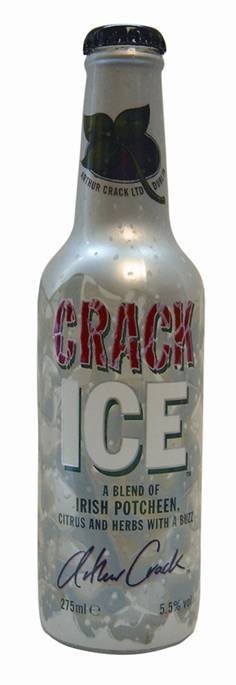 A silver bottle with the words Crack Ice in large font